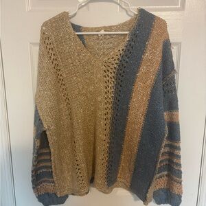 Hem & Thread V-Neck Sweater in Blue and Tan